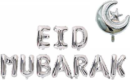 Bash N Splash Solid Silver Eid Mubarak 16" Silver Eid ka Chand 11Pc Foil Balloon Letter Balloon