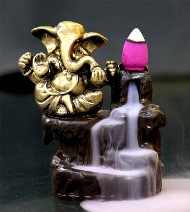 Craftam Handmade Golden Ganesha Idol Smoke Backflow Cone Incense Holder with 10 Cone Incenses Decorative Showpiece  -  12 cm