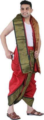 Prakasam Cotton Art silk Men's Red Colour Panchakacham Readymade dhoti and towel set Solid Men Dhoti