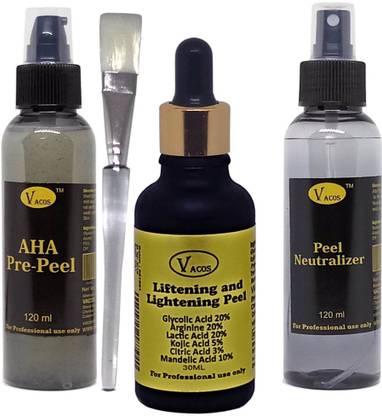 VACOS Liftening and Lightening 30 ml Glycolic 20%, Arginine 20% , Lactic 20% , Kojic 5% , Citric 3% , Mandelic 10% with Pre Peel , Neutralizer, Brush