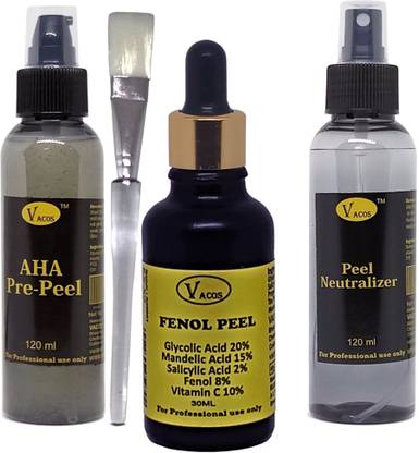 VACOS Fenol Peel 30 ml, Glycolic 20%, Mandelic 15%, Salicylic 2%, Fenol 8%, with Pre Peel , Neutralizer, Brush