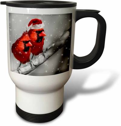 3dRose Red Cardinal Birds in Santa Hat Winter Black and White Scen Travel Stainless Steel Coffee Mug