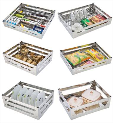 IMPULSE Stainless Steel High Grade Stainless Steel Perforated Sheet Modular Kitchen Basket/Kitchen Storage Basket (Set of 6, Size : 21 X 20) Storage Basket