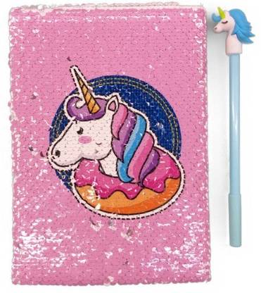 Prezzie Villa Combo of Pink Unicorn Sequins Diary with One Unicorn Pen A5 Gift Set single line 80 Pages