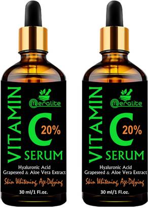Meralite Vitamin C Serum for face with Hyaluronic acid, Ascorbic acid, Aloe vera and Grape seed extract Pack of 2