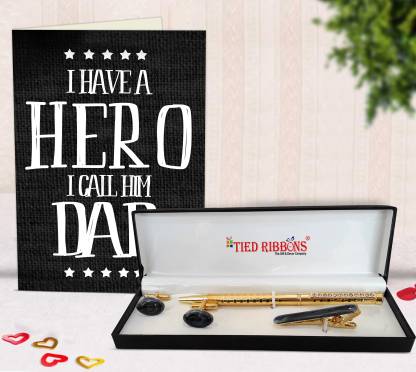 TIED RIBBONS Gifts From Son Greeting Card with Golden Cufflinks,Tiepin and Pen Brass Gift Box