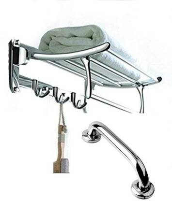 FORTUNE Stainless Steel Folding Towel Rack (24 inch) with Stainless Steel Grab Bar Silver Towel Holder