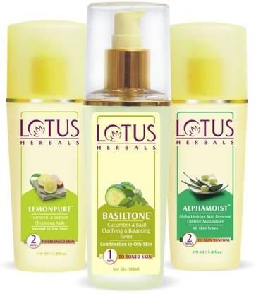 LOTUS Herbals All Day Moisturisation Kit ( Lemonpure 80ml+Basil Toner 100ml+ Alphamoist Moisturiser 80ml)