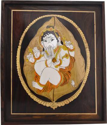 Santarms The Handcrafted Ganesha ji Wooden Inlay Wall Painting wall hanging Embossed 19 inch x 16 inch Painting