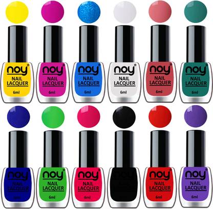 NOY 60 Seconds Quick Dry Shiny Nail Polishes Combo of 12 Pcs 6ml each Combo-No-04 Yellow, ,Sky Blue, White,Peach,Radium Green