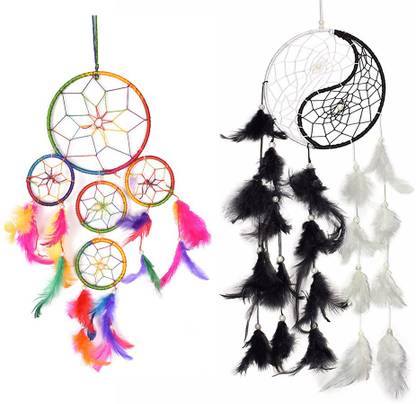 Vyne Combo Of 5 Ring Multi And Ying Yang (Black & White) Color Dream Catcher Wll Hanging For Home/Office Wool Dream Catcher