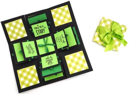 Crack of Dawn Crafts Happy Wishes Explosive Box - Green Checks Greeting Card