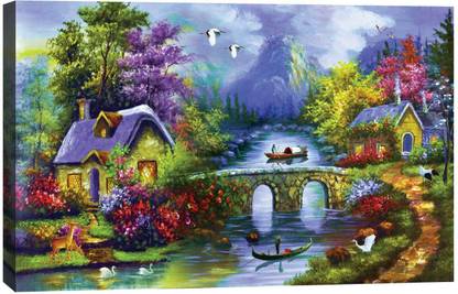 Art Amori Landscape Art Mountain Forest Home River Canvas Painting Digital Reprint 20 inch x 14 inch Painting