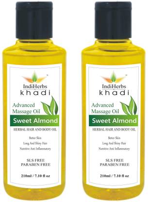 IndiHerbs Sweet Almond Massage oil For Skin And Hair -Pack of 2 (210 ML Each) Hair Oil