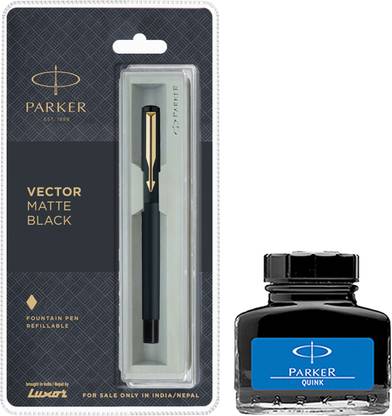 PARKER Vector Matte Black GT Fountain Pen with Blue Quink Ink Bottle