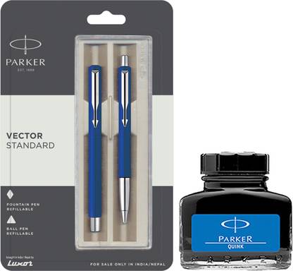 PARKER Vector Standard Sets Fountain Pen Ball Pen - Blue with Blue Quink Ink Bottle