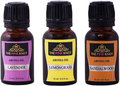 THE PINK KNOT Lavender , Lemongrass & Sandalwood set of three aromatic fragrant diffuser oil (15ml each) Aroma Oil Lavender , Lemongrass & Sandalwood