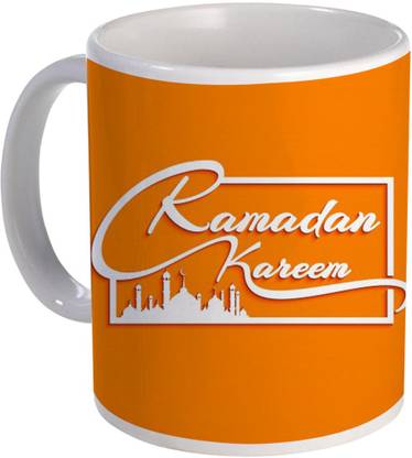 COLOR YARD best ramadan kareem with orange background and white text design on white Ceramic Coffee Mug