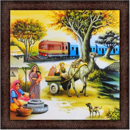 Vimsan Texture Canvas Print Rajasthani Village Culture Painting With (14X14") Canvas 14 inch x 14 inch Painting