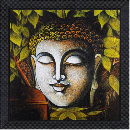 V Art & Creations Texture Canvas Print Lord Buddha Painting With Black Framing Wall Painting Canvas 14 inch x 14 inch Painting