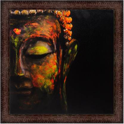 V Art & Creations Texture Canvas Print Lord Buddha Painting With Brown Framing Wall Painting Canvas 14 inch x 14 inch Painting