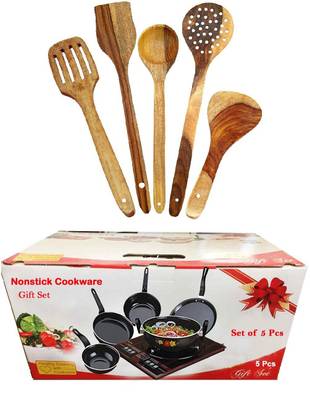 SILVOSWAN Dura Induction Nonstick Cookware 5 Pc Set With Wooden Cooking Spoon 5 Pc Induction Bottom Non-Stick Coated Cookware Set