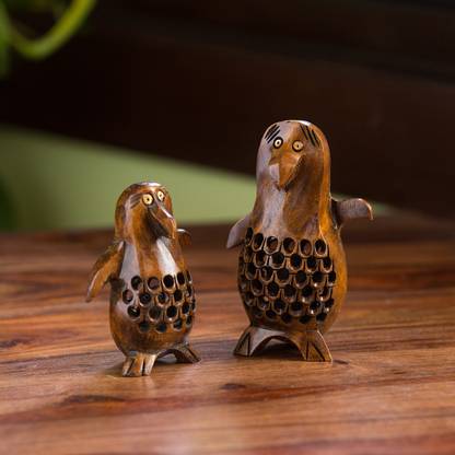 ExclusiveLane 'The Playing Penguins' Hand Carved & Hand Painted In Cedar Wood Decorative Showpiece  -  10.5 cm