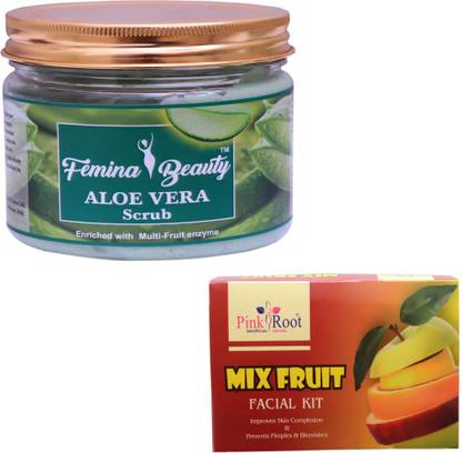 Femina Beauty Aloevera Scrub 400gm with Mix Fruit Facial Kit 83gm