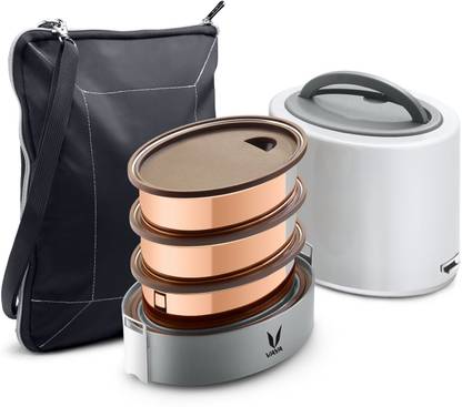 Vaya Tyffyn 1000 ml White Copper-Finished Stainless Steel Tiffin Box with BagMat (One 400 ml + Two 300 ml Containers) - 3 Containers Lunch Box