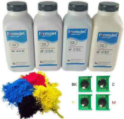 Formujet Color Toner Powder 1215 & Chip Set Compatible For Refilling HP Color Laserjet Toner Cartridge CB540, 541, 542, 543 Used in Printers CP1215,1515,1518, CM1312, CP1525, CP2025, CP5225, CP1025; Canon LBP 5050, 5460, 7070 (Cyan, Magenta, Yellow, Black) Black + Tri Color Combo Pack Ink Toner Powder
