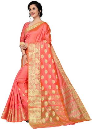 JIBASO Self Design Banarasi Cotton Blend, Art Silk Saree with Unstitched Blouse