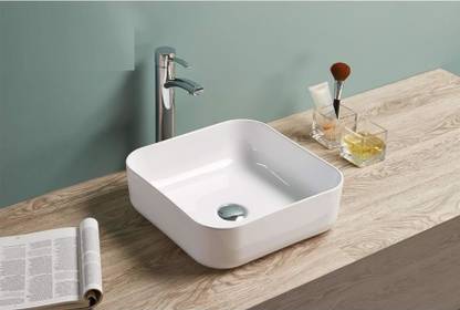 Ceramic Table Top Wash Basin (White, 15 x 15 x 5.5 Inch) /Glossy Finish/Counter Top Table Top Basin