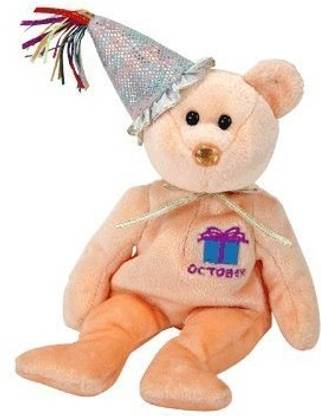 TY Beanie Baby October Teddy Happy Birthday Bear w Hat  - 3.05 cm