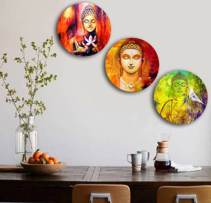 Studio shubham wooden Abstract buddha painting wall plates hanging(Set of 3 each plate- 7.5x7.5 inch) Pack of 3
