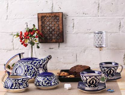 caffeine Pack of 15 Ceramic Ceramic Handmade Blue Mughal Tea Set of 15 Pieces