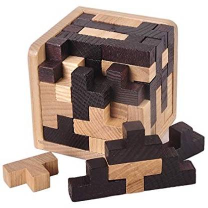 KINGOU Wooden Tetris Puzzle Cube 3D Brain Teaser Puzzles