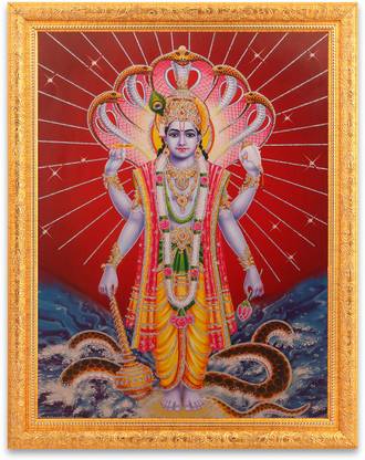 BM Traders Bm Traders Vishnu Bhagwan Silver Zari Work Photo In Golden Frame Big (14 X 18 Inches) Religious Frame