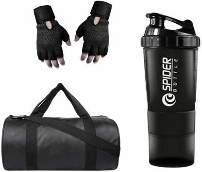 RBB HUB Combo of Black Leather Gym Bag with Gloves and Spider Shaker Fitness Accessory Kit Kit