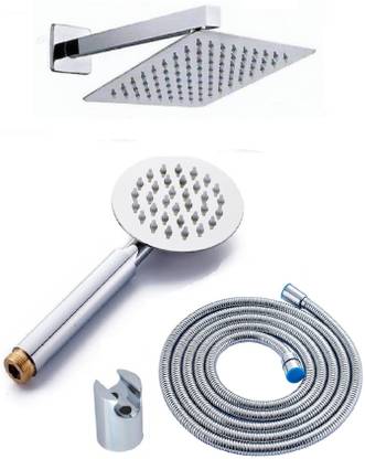 ANMEX 6X6 (6inch) Ultra Slim Rain Shower Head with 12inch Arm 	PLUS (9" Long) UltraSlim Round Rain Handheld Shower with 1.5mtr SS Shower Tube and Wall Hook