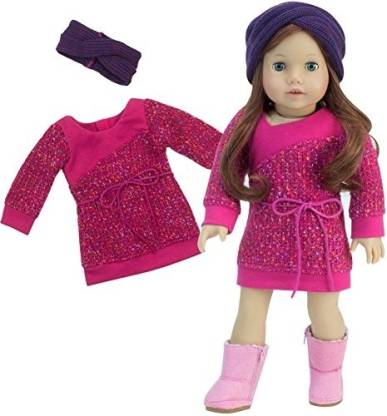 Hot Pink Knit Sweater Dress & Purple Ear Muff Headbandfit 18" American Girl Doll