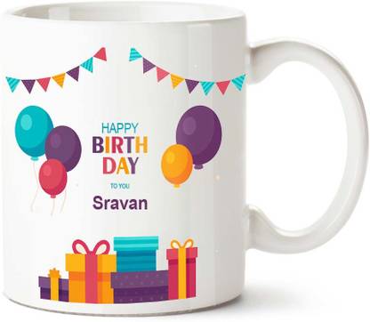 Gunnu Inc Happy Birthday Sravan Printed Coffee, 350 ml, White Ceramic Coffee Mug