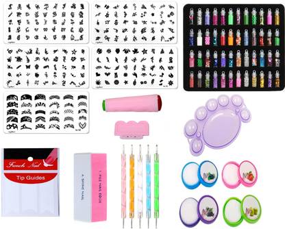 Royalkart Mega Combo Kit Of Nail Art Tools 3D Nail Art Stamping Image Plates, Double-sided Stamper & Metal Scraper, 48 pcs Glitter Bottle Set, 5 pcs Double-sided Dotting Tool, Nail Art Palette, Nail Buffer, Finger Tip Guide and Multicolour Nail Cleaning Tissue