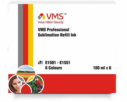 VMS Professional Sublimation Refill Ink 100 ml x 6 for Inkjet Printers (Cyan, Light Cyan, Magenta, Light Magenta, Yellow, Black) Tri-Color Ink Bottle