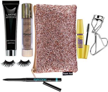 paint pot Bag Absolut Prefect Primer,Maybeeline Magnum Mascara,Curler,