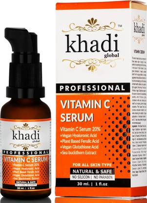 Khadi Global Vitamin C Serum With Vitamin E Vitamin C 20%, Vegan Hyaluronic Acid, Ferulic Acid & Vegan Glutathione Acid Serum Fairness Serum