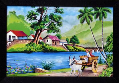 capnicks Beautiful Rajasthani Village View UV Printed Art Wall Painting Wooden Canvas 13 inch x 19 inch Painting