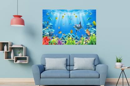 Masstone Colorful Fish Under Water Sparkle Coated Self Adhesive Wallpaper Without Frame Digital Reprint 24 inch x 36 inch Painting