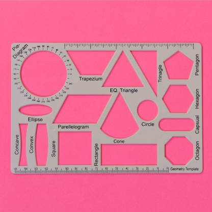 Vardhman School Geometry Template Stencil of 16 Different Shapes with Ruler Attached Ruler