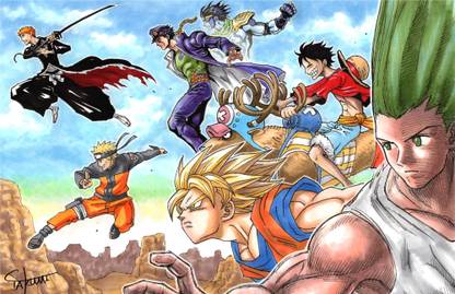 Athah Anime Crossover Hunter × Hunter Bleach Dragon Ball Z One Piece Jojo's Bizarre Adventure Naruto Naruto Uzumaki Monkey D. Luffy Tony Tony Chopper Goku Gon Freecss Ichigo Kurosaki Jotaro Kujo 13*19 inches Wall Poster Matte Finish Paper Print