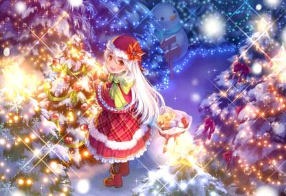 Athah Anime Original Christmas Girl Snowman Christmas Tree Christmas Lights Santa Hat Smile Orange Eyes Long Hair White Hair Night 13*19 inches Wall Poster Matte Finish Paper Print